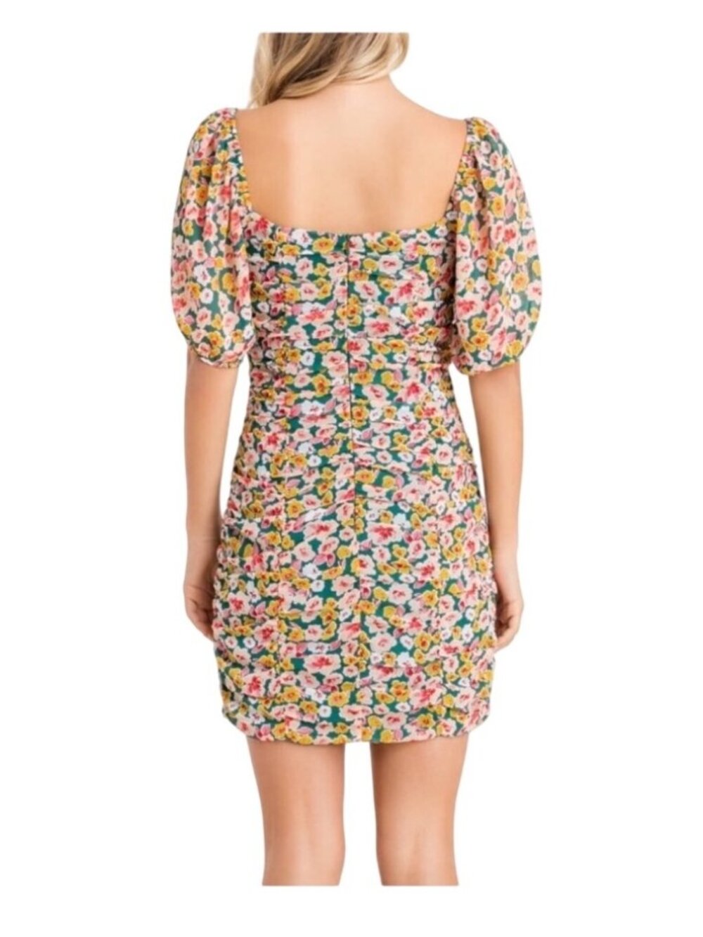 Lush Floral Mini Dress Green Pink Floral Ruched Bodycon Feminine Size M - Picture 2 of 10